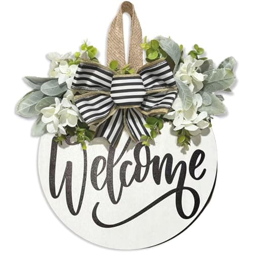 Ksdkrme Welcome Wreaths Sign for Front Door, Rustic Wood Wreath with Bow, Welcome Home Porch Hanging Sign Gift, for All Seasons Holiday Farmhouse Outdoor & Indoor Decorations