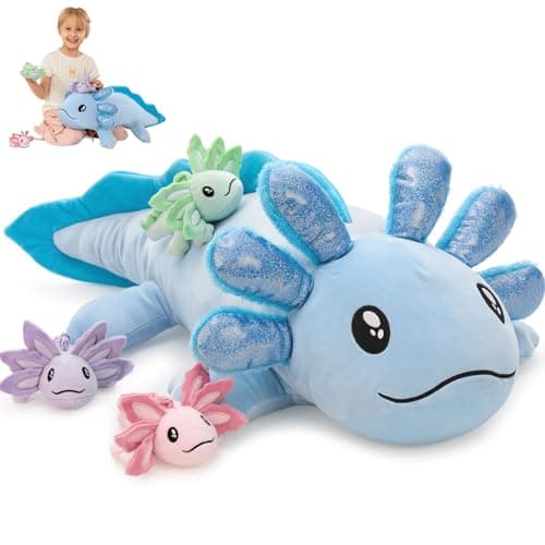 MaoGoLan 4 Pcs Giant Axolotl Stuffed Animal with Babies 33 Blue Axolotl Plush Toy Set for Kid Girl Boy Soft Salamander Plush Pillow Stuffed Animal for Valentines Birthday Gift Baby Shower Decor