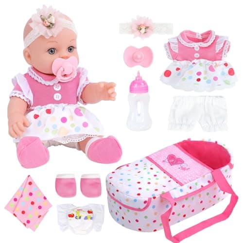 DONTNO 12 Inch Baby Doll with Bassinet BedReborn Alive Doll Includes Clothes and AccessoriesBottlesNippleDiaperBurp ClothFirst Baby Dolls for Toddlers 36 Months and Up