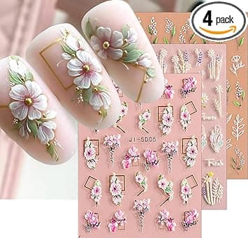 3D Embossed Flower Leaves Nail Art Stickers Decals 4 Sheets 5D SelfAdhesive Summer Floral Nail Supplies Nail Art Design Decoration Accessories