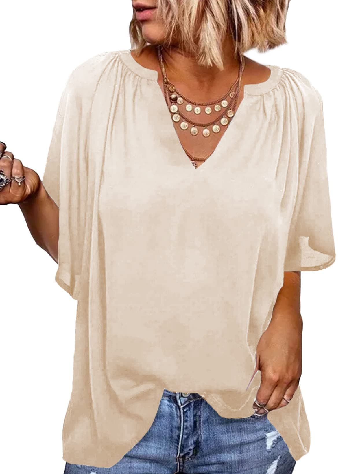 Dokotoo Plus Size Tops for Women Trendy Short Sleeve Summer Tops V Neck Womens Tops Dressy Casual Work Shirts Business Casual Outfits for Women Cute Tops Beige Blouses for Women's Clothing L