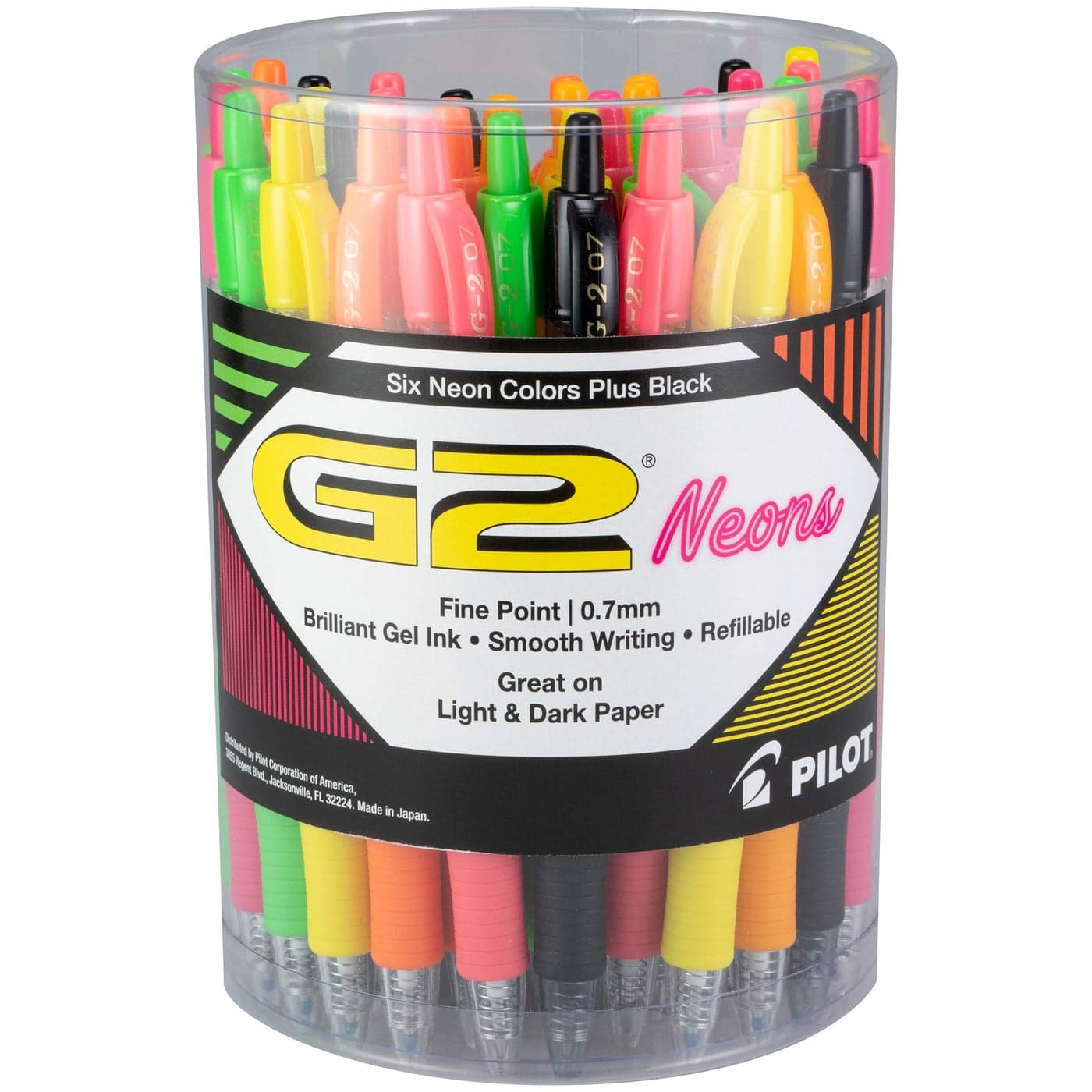 Pilot, G2 Premium Gel Roller Pens, Fine Point 0.7 mm, Assorted Neon Colors & Black, Tub of 36