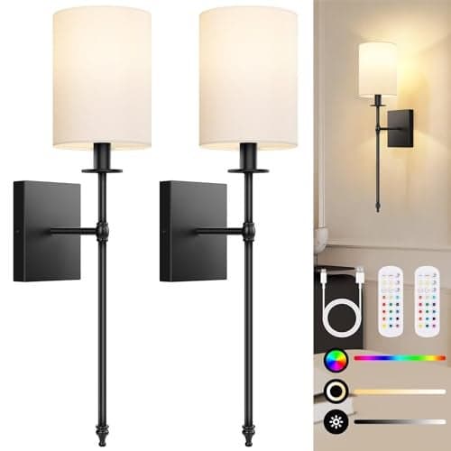 Black Battery Operated Wall Sconces Set of 2 Rechargeable Wireless Wall Lights with Remote White Fabric Shade Indoor Not Hardwired Dimmable Wall Lamps for Bedroom 2 Bulbs Included24 Inch