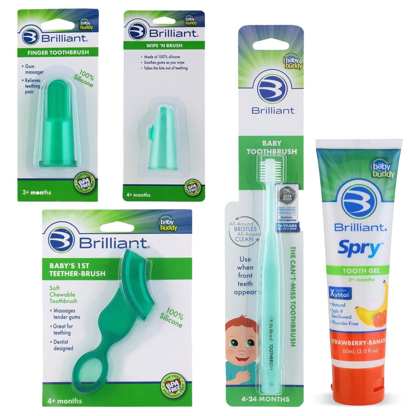 Brilliant Infant Oral Care Set by Baby Buddy 5 PC Includes Tooth Gel Finger Toothbrush WipeNBrush Babys 1st Toothbrush Baby Toothbrush Silicone Bristle Toothbrush Teethers Green