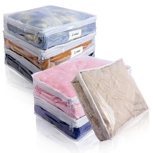 Heonay Clear Zippered Storage Bags Plastic Sweater Storage Bags with Zipper 6 Packs Clothing Organizer for Blankets Linen Sweater Bed Sheet Quilt Clothes Pillow (10.5 x 10.5 x 2.5 Inch, White)