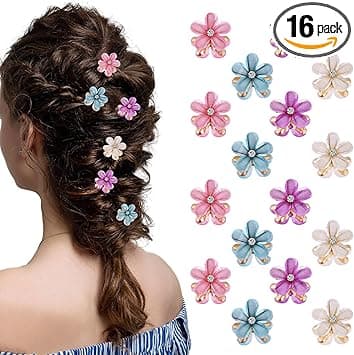 Amabro 16PCS Flower Hair Claws Crystal Mini Flower Hair Clips Small Rhinestone Hair Barrettes Floral Petal Hairpin Cute Decorative Accessories for Girls WomenBlue Beige Pink Purple