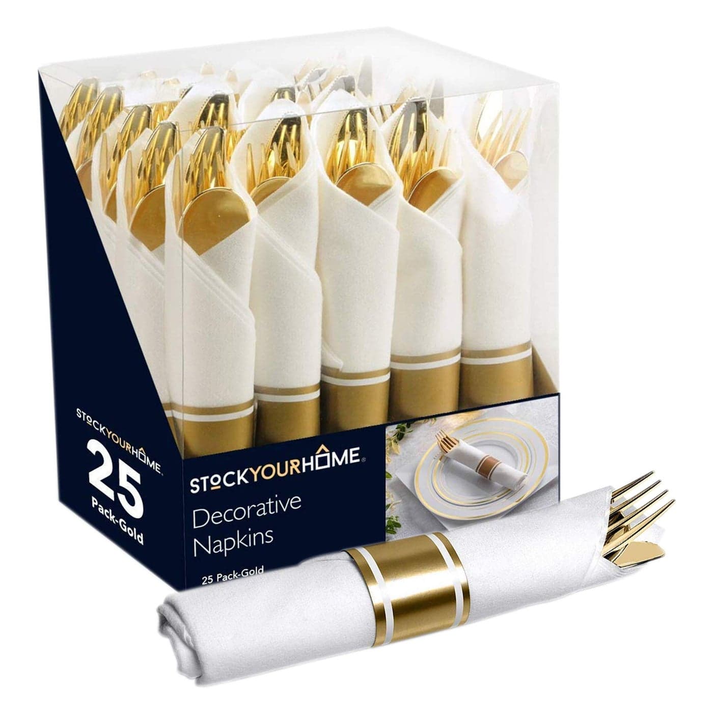 Pre Rolled Plastic Silverware Sets for Parties 25 Pack Gold Cutlery Set Disposable Spoons Forks Knives Napkins Prewrapped Heavy Duty Utensils Individually Wrapped for Wedding Thanksgiving