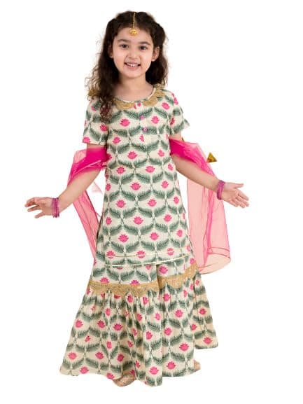Pspeaches Girls Pure Cotton Off White Floral Yoke Design Empire Kurta & Skirt & Dupatta (10-12Y)