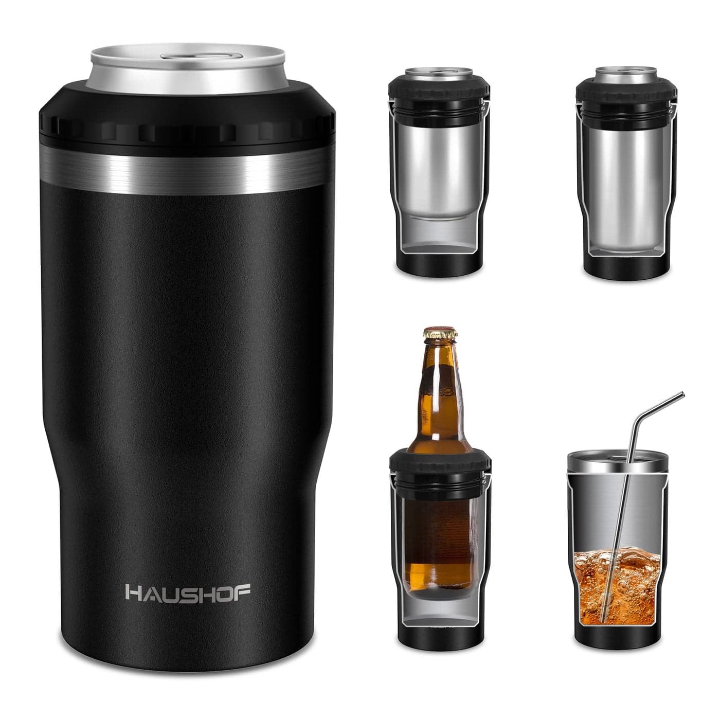 HAUSHOF 12 oz Can Cooler 4 in 1 Insulated Stainless Steel Can Insulator Fits for 12 oz Standard Can Slim Can12 oz Beer Bottle Perfect for Camping Beach Picnic