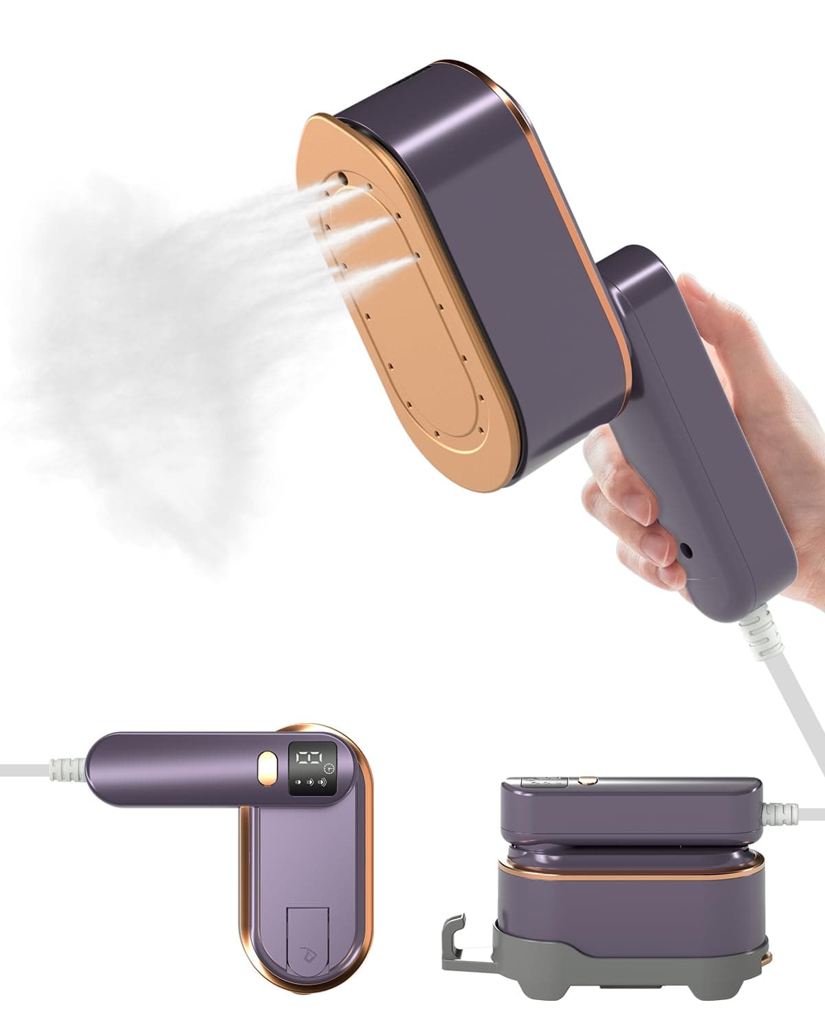 Travel Steamer Iron for Clothes - 1200W Handheld Size Portable Travel Steamer, 3 Steam Levels Clothes Steamer with LCD Screen, 10S Fast Heat-up Steamer for Dress Shirt Home Travel (Gray Purple)