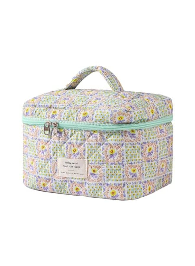 uekeboag Large Travel Quilted Makeup Bag for Women Floral Cotton Cosmetic Bag Coquette Aesthetic Floral Toiletry Organizer Bag 04YellowFlower