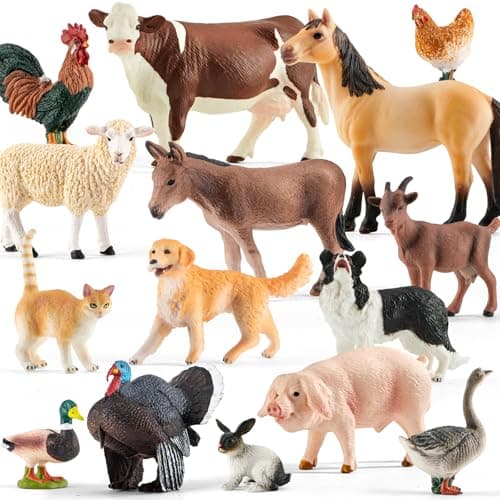 15 Pcs Farm Animal Toy for Toddler Kid Plastic Toy Farm Animal Figure Set Playset Including Cow Horse Goat Sheep Pig Donkey Goose Duck Turkey Chicken Dog Cat Rabbit for Kid Age 35 57