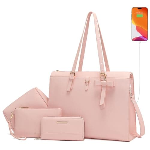 Keyli Laptop Tote Bag for Women Large Waterproof Leather Work Laptop Briefcase with Built-in USB Charging Port Computer Shoulder Bags Fits 15.6 Inch, Business Handbag Purse 4pcs Set Pink