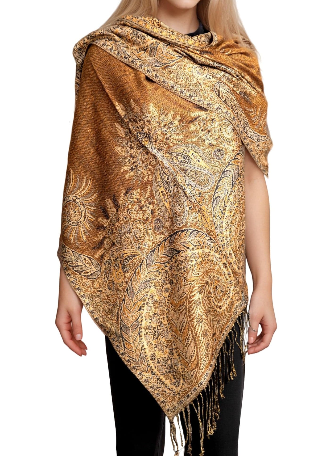 Achillea Luxurious Double Layered Jacquard Big Paisley Pashmina Shawl Wrap Scarf (Golden Brown)