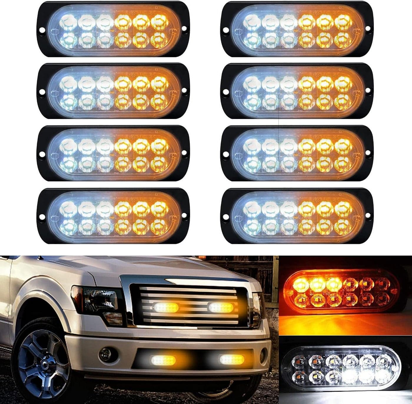 DIBMS 8x LED Strobe Emergency Lights - 12 LED Amber White Surface Mount Warning Light Bar for Vehicles