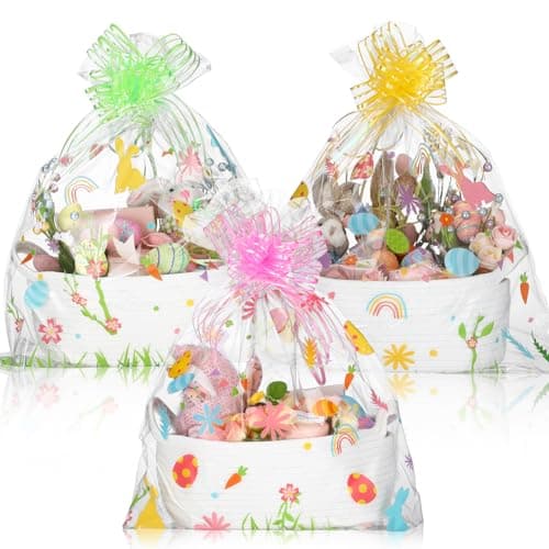 Teenyyou 3 Sets Easter Baskets for Gifts Empty with Wrap Cellophane Gift Bags Bows 12 x 9 x 5 Inch Easter Bunny Egg Flower Woven Rope Basket to Fill Storage Box for Gift Wrapping Spring Party Decor