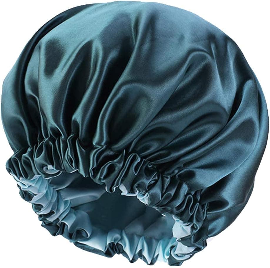 Silk Satin Bonnet, Satin Sleeping Cap, Loose Brimless Hat, Large Double Layer Round Hat, Women's Beauty Salon Cap, Elastic Elastic Sleeping Cap Shower Cap for Women's Natural Curly Hair, Peacock Blue