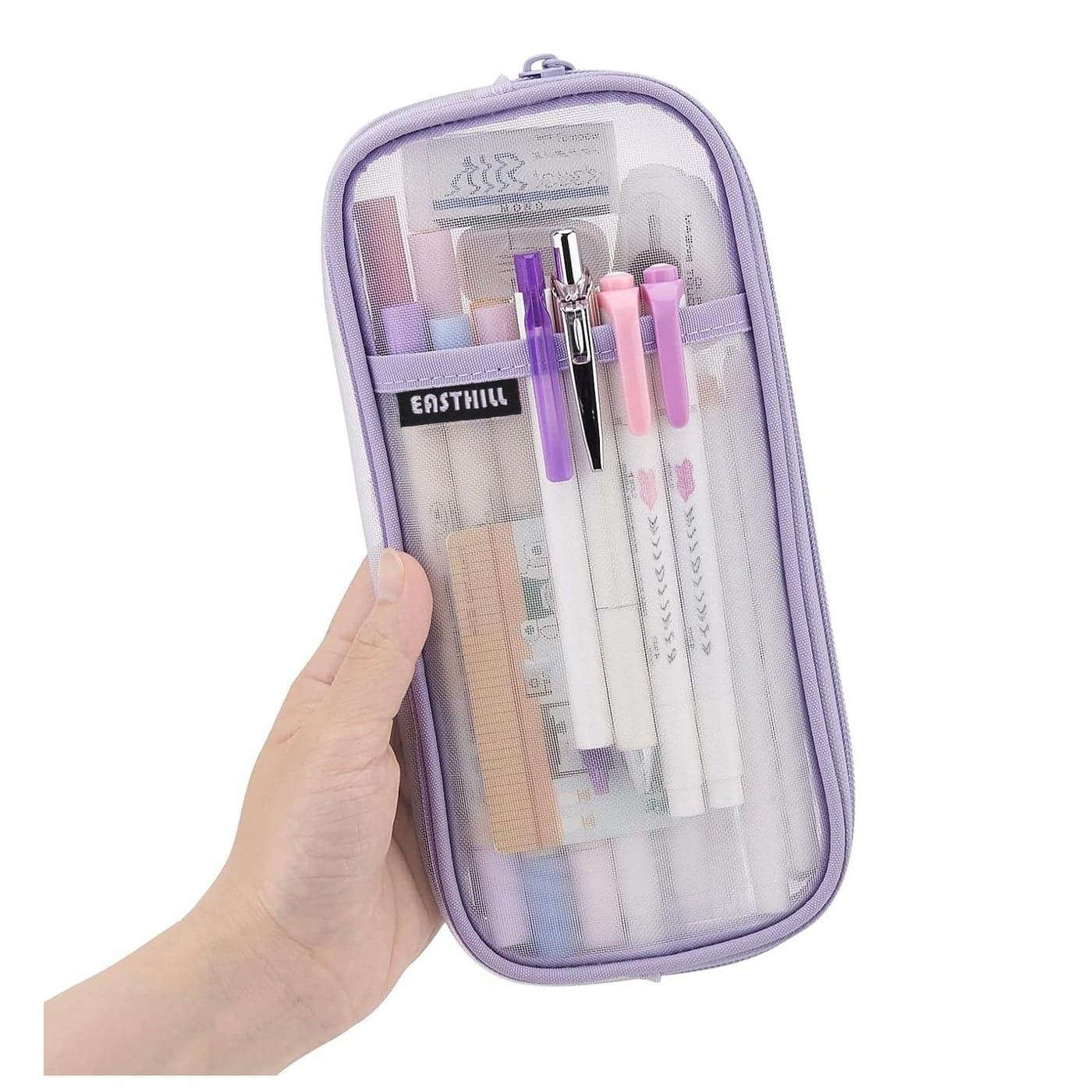 EASTHILL Grid Mesh Pen Pencil Case with Zipper Clear Makeup Color Pouch Cosmetics Bag MultiPurpose Travel School Teen Girls Transparent Stationary Bag Office Organizer Box for AdlutsPurple