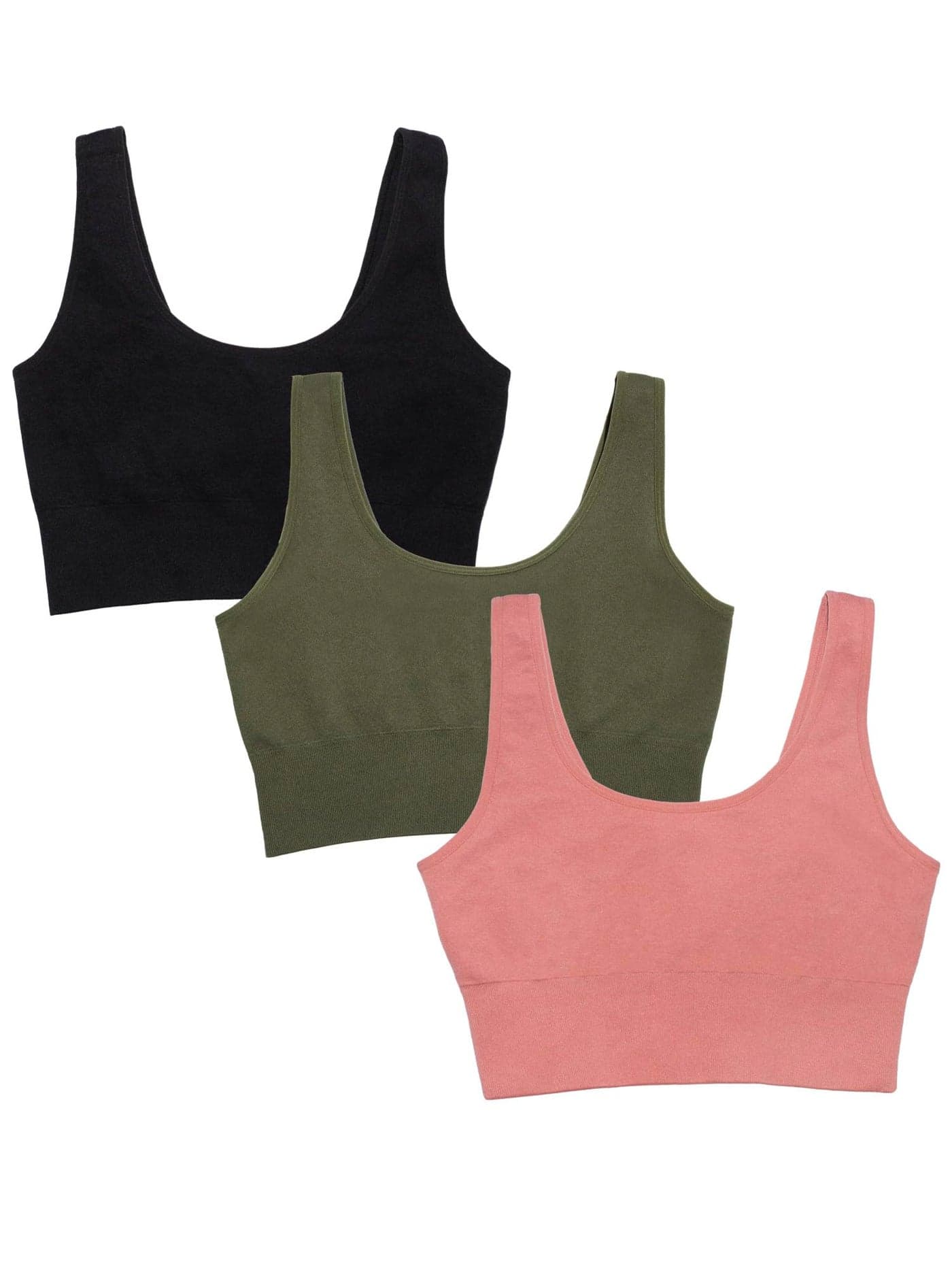 Fruit of the Loom Women’S 360 Stretch Seamless Longline Sport Bra 3 Pack, Comfortable Wireless Bras, Seamless Full-Coverage for A Natural Shape Desert Dusk/Olive Night/Black XL
