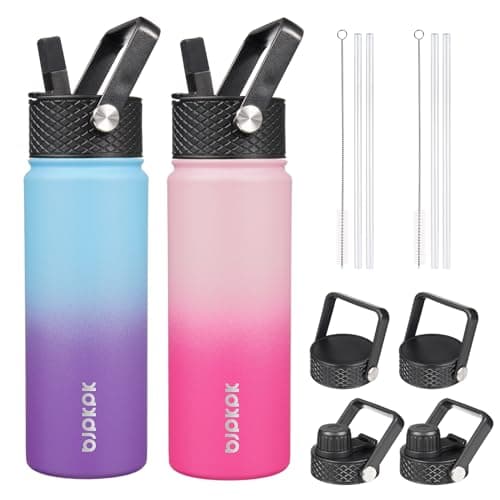 BJPKPK 2 Pack Insulated Water Bottles with Straw Lids 22oz Stainless Steel Metal Water Bottle with 6 Lids Leak Proof BPA Free Jugs Cups Flasks for Travel Sports CherryOcean Dream