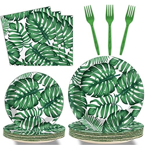 gisgfim 96 Pcs Hawaiian Luau Party Plates and Napkins Party Supplies Tropical Palm Leaf Tableware Set Summer Theme Party Decorations Favors for Birthday Baby Shower for 24 Guests
