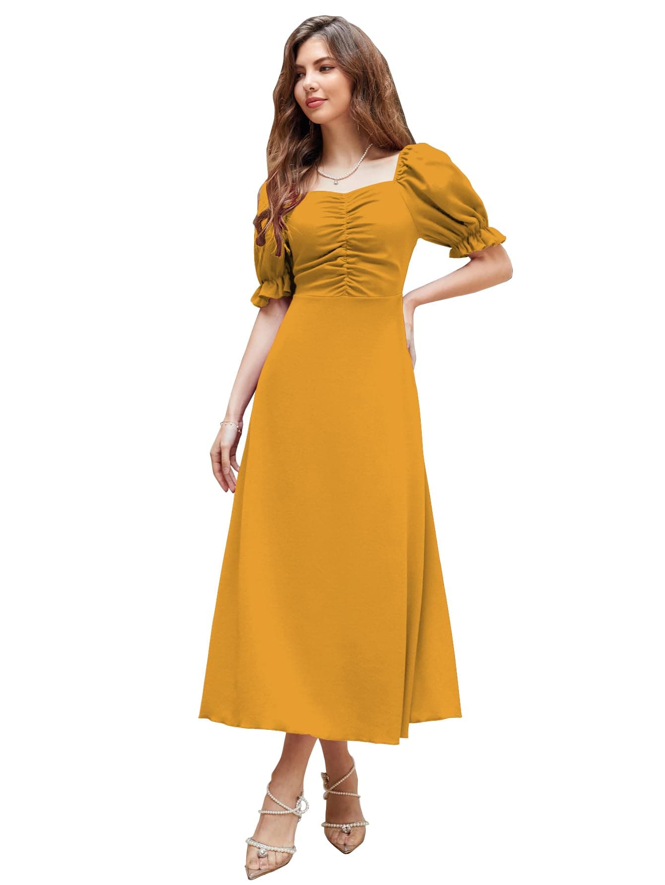 Shasmi Girl's & Women's Solid Mustard A-Line Ruched Puff Sleeve Maxi Long Evening One Piece Long Dress for Women Stylish (Dress 131 Mustard-L)
