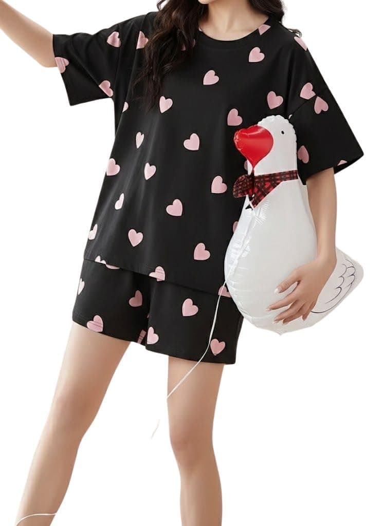 SMOWKLY Women Korean Shorts Pajama Set Cotton Blend Nightwear Set Top & Shorts Sleepwear Lounge Wear Soft Comfortable Night Suit Ladies Summer Night Dress Co-Ord Home Wear Set(1511_BK_XS) Jade Black