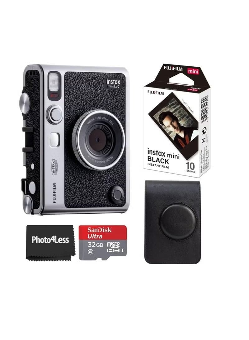 EVO Black Instant Camera Bundle with Black Case, 32GB SD Card & Instax Mini Black Film – 10 Sheets