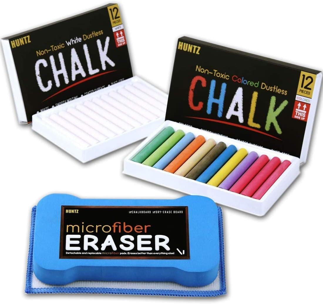 Huntz Dustless Chalk With Microfiber Eraser Washable Reusable 12 White Chalks 12 Colored Chalks Eraser