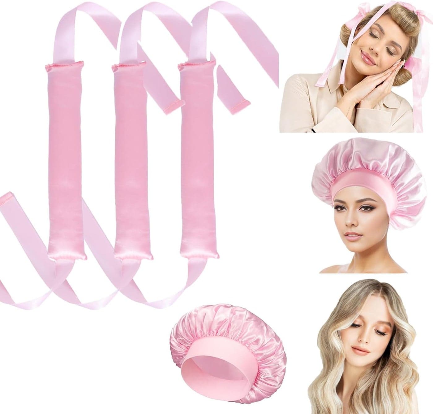 SNAIL GARDEN 3 PCS Heatless Curlers1 PCS Sleeping Bonnet SetOvernight Blowout Rods for Long HairSatin Hair Curlers No Heat Heatless Curling Rod with Ribbon Design for Women Teenage Girls