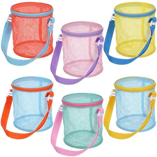 Sunnymove 6 Pcs Sea Shell Bags for Beach Mesh Seashell Holder Shelling Foldable Toy Storage Bag Collecting Bucket Bulk for Sandbox Beach Vacation Essentials Kids Sand Toy Box