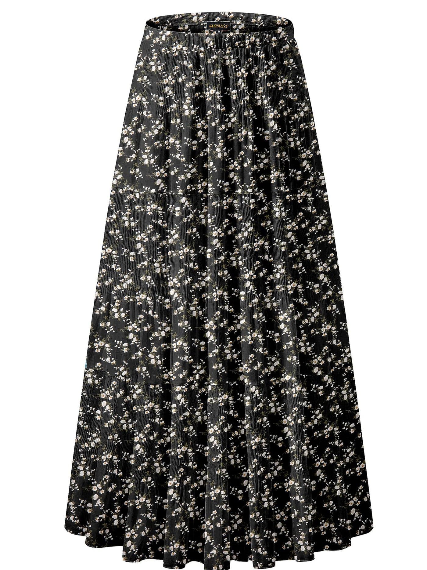 NASHALYLY Women's Chiffon Elastic High Waist Pleated A-Line Flared Maxi Skirts(Black White Flower,M)