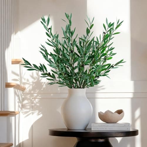 Bailikang 8PCS Premium Artificial Olive Branches for Vases - Realistic PU & Silk Faux Greenery Stems, 3 Sizes, Bendable Wire Stems, Low Maintenance Home/Office/Holiday Decor(No Vase