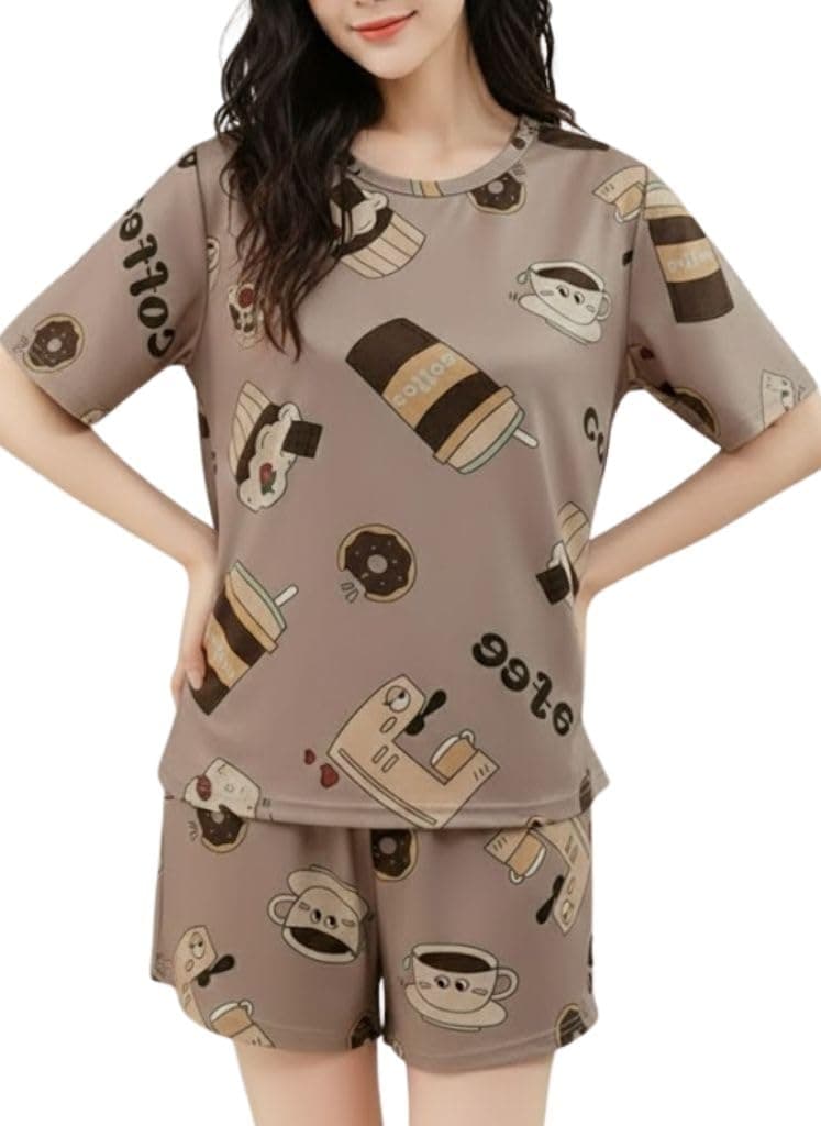 SMOWKLY Women Korean Shorts Pajama Set Cotton Blend Nightwear Set Top & Shorts Sleepwear Lounge Wear Soft Comfortable Night Suit Ladies Summer Night Dress Co-Ord Home Wear Set(1509_BG_M) Beige