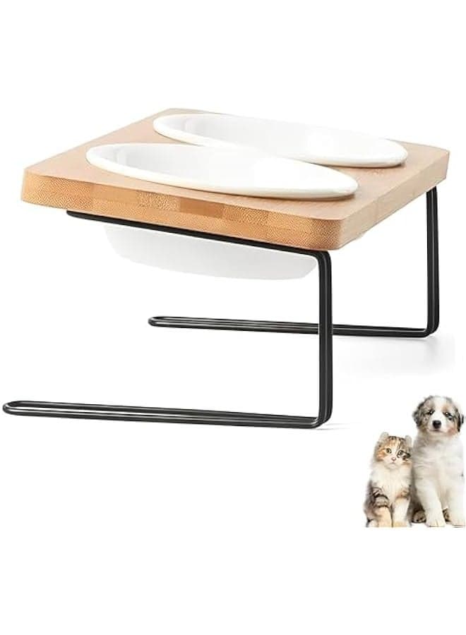 Elevated Cat Bowls,Ceramic Dog bowls,Cat/Dog food bowl for indoor,Small Dog 15°Tilted Raised Food Feeding Dishes,Solid Bamboo Water Stand Feeder Set for Cats and Puppy