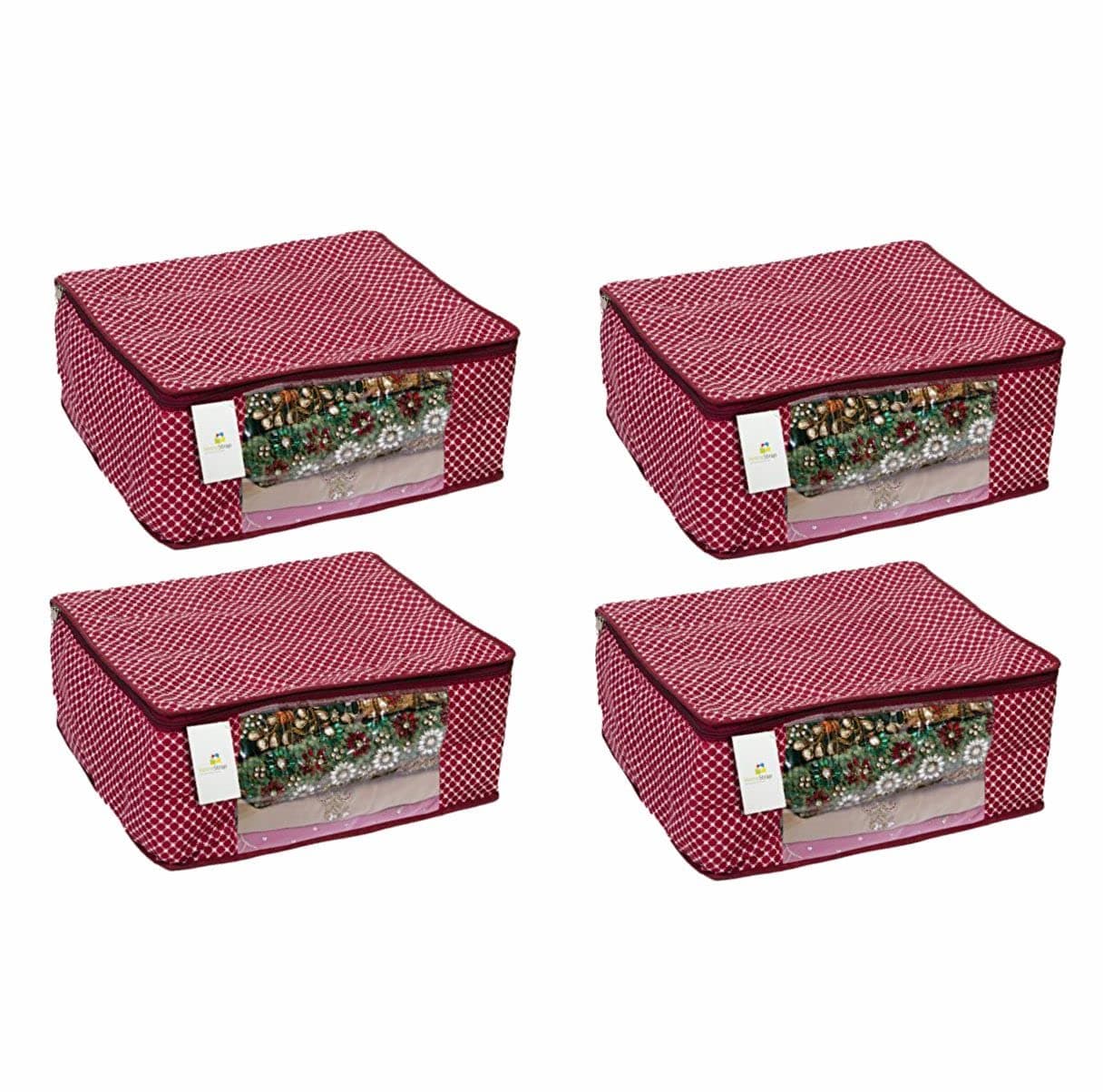 Homestrap Set of 4 Cotton Quilted Saree Covers | 3-Layered Foldable Storage Bags with Transparent Window & Zip | Premium Wardrobe Organizer for Sarees, Lehengas, Dresses | Maroon