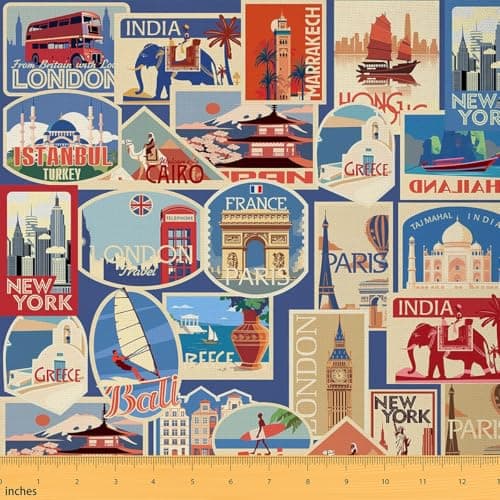Travel Themed Fabric by The Yard World Urban Landscape Decor No Stretch Fabric for Sewing Cartoon City Building Retro Plaid Soft Flannel Polyester Fabric for DIY Home Accents 1 Yard PreCut36x59