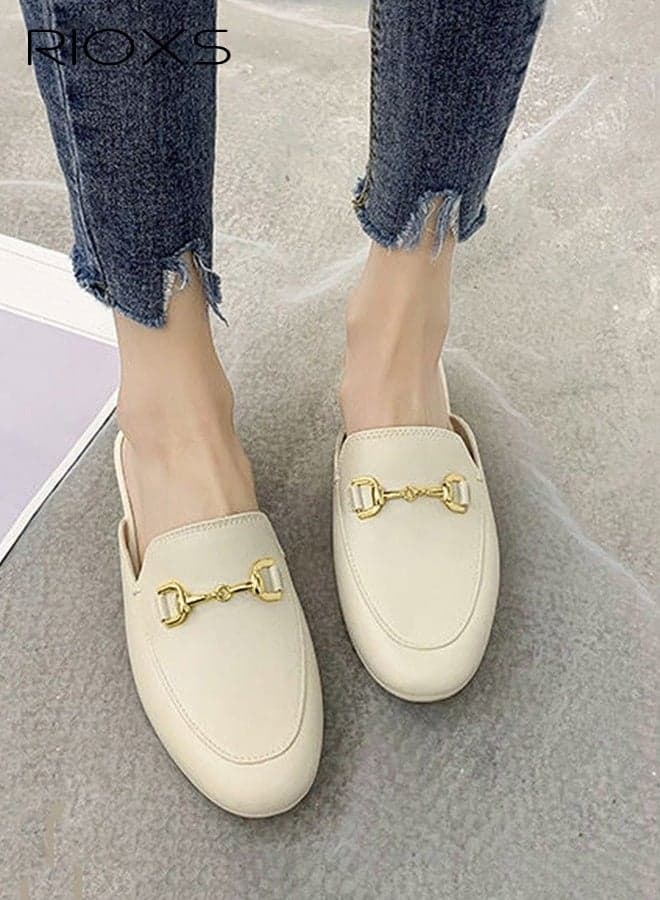 Women's Buckle Flat Mules, Closed Toe Sandals, Fashionable Comfortable Slippers, Slip-On Backless Mule Shoes, Fashionable Mule Slides with Flexible Non-slip Sole, Easy to Wear On and Off, White Mules