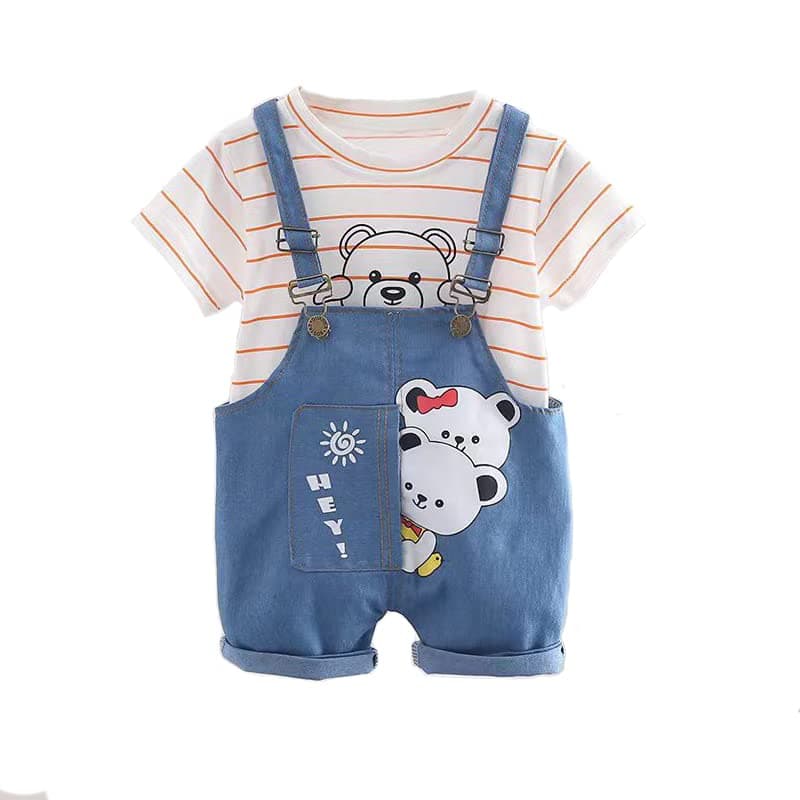 Bold N Elegant Unisex Kid Blended Printed Stripe Bear Panda Friends Cute Cartoon Print Half Sleeve T-Shirt with Dungaree Bibshorts (3-4 Years, White Pink)