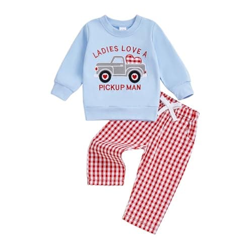 JLKGICF Toddler Boy Valentines Day Outfit Truck Heart Print Sweatshirt Plaid Pants Set Baby Girl Boy Love Clothes (Blue Truck Heart, 12-18 Months)