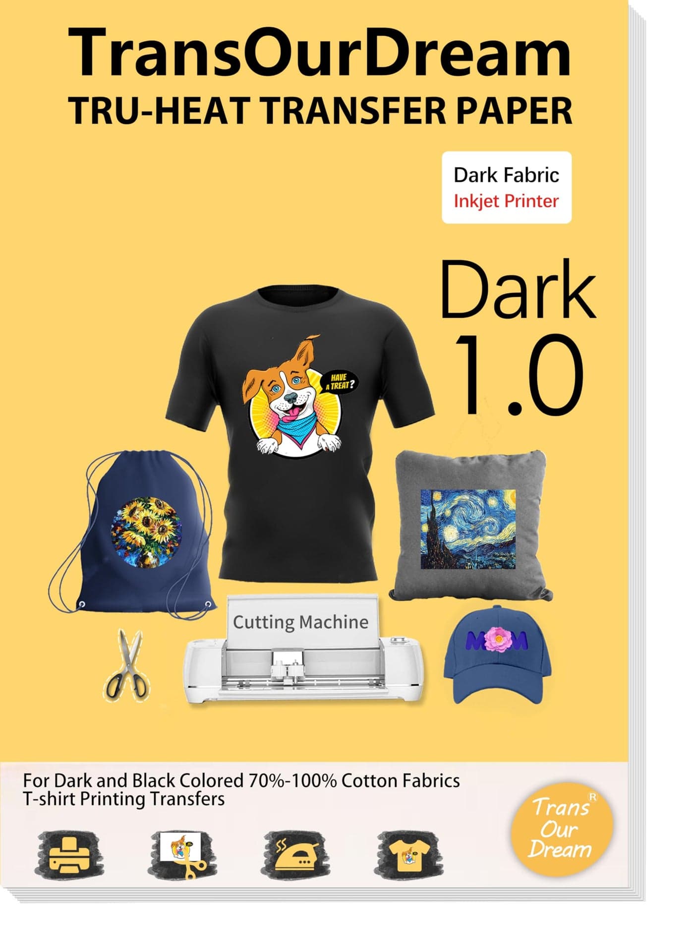 TransOurDream TruIron on Heat Transfer Paper for Dark Fabric 20 Sheets 85x11 T Shirt Transfers Paper for Inkjet Printer Printable Heat Transfer Vinyl for TShirts