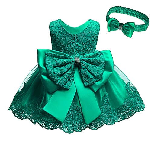 KISSOURBABY Toddler Baby and Girls Lace Applique Birthday Party Flower Girl Dress with Headwear(Dark Green 24M)