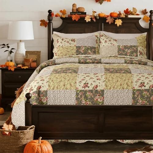 Summer Floral King Quilted Bedspread,Romantic Beige Quilt Set,Reversible Stitched Bedding Cover All Season,Soft Lightweight Coverlet with Pillow Cases (Ivory&Pink, King(102"x90"))