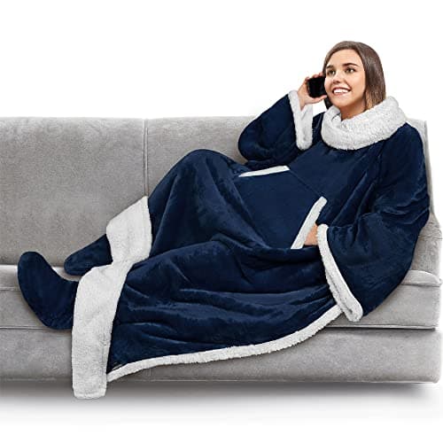 PAVILIA Sherpa Blanket with Sleeves, Foot Pocket for Women Men Adults, Thick Wearable Blanket Throw Wrap, Fleece Warm Snuggle Blanket Robe, Cozy Gift Ideas Wife Mom, Navy Blue