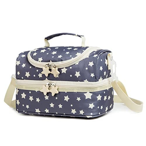 Life on track Kids Dual Compartment Lunch Bags Tote for Boys Girls Toddler Lunch Boxes PreSchool Toddler Kindergarten Picnic Camp Food Cooler Thermal with Strap Yellow Star