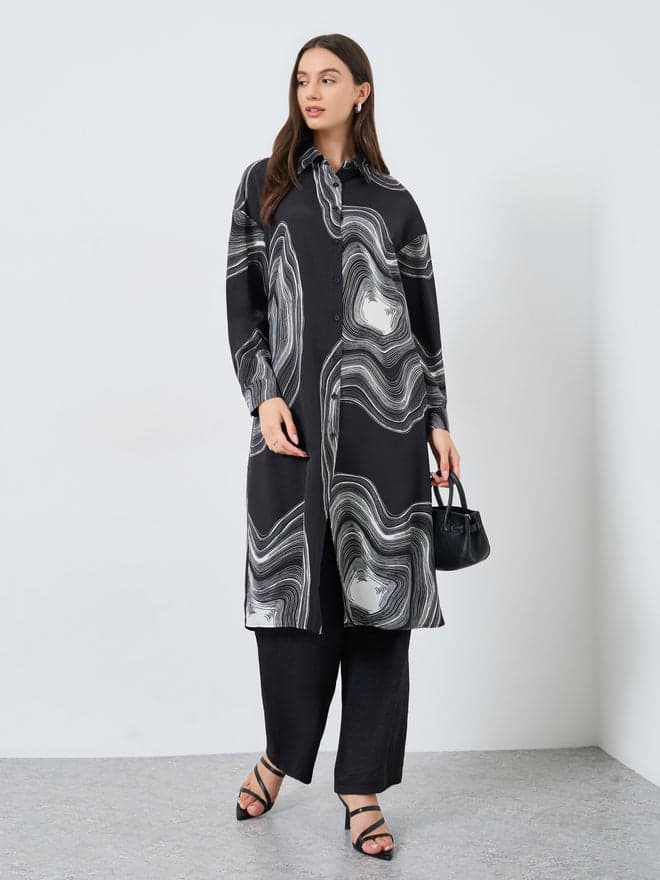 Black Marble Print Longline Shirt and Pants Co-Ords