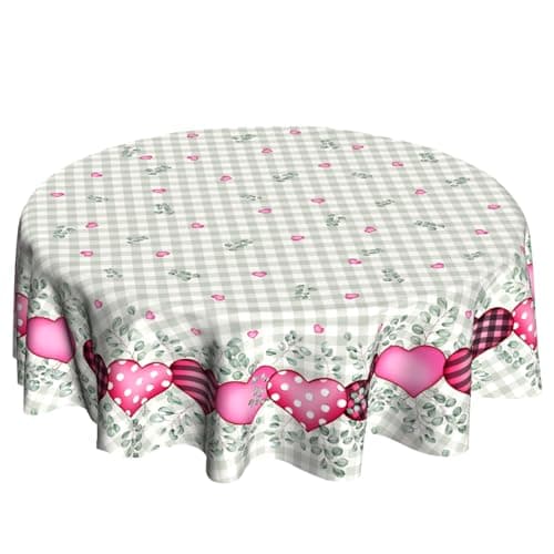 VentuCoven Valentine Tablecloth Round Tablecloth 60 inch Eucalyptus Leaves Table Cloth Round Pink Heart Circle Table Cloth for Kitchen Dining Wedding Gift Valentines Sweet Love Plaid