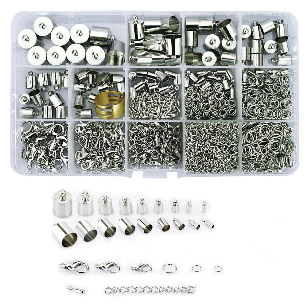 Lollibeads 1000 Pcs Silver Plated Barrel Leather Cord Ends Cord End Cap 3mm12mm Lobster Clasp 10mm 12mm 14mmjump ring 5mm8mm jump ring open tool and Extension Chains Kits Assorted Pack