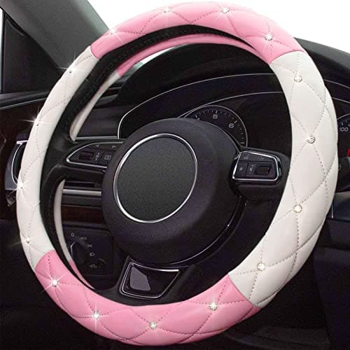 Xizopucy White Pink Steering Wheel Cover, Anti-Slip Steering Wheel Protector with Crystal Rhinestones Microfiber Leather, Steering Wheel Cover for Women and Girl Fit 14.5-15 inch