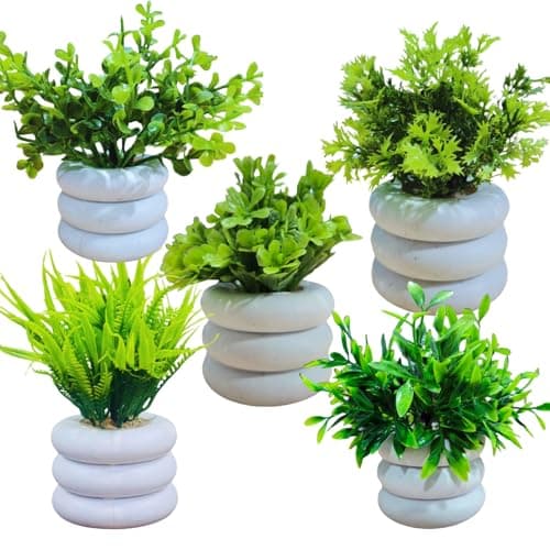 Bianco Artificial Mini Plant (5 Pack) | Small Faux Plants Home & Office Decor, Living Room, Bedroom, Tabletop & Shelves | Small Potted Plants | Stylish Round Pot